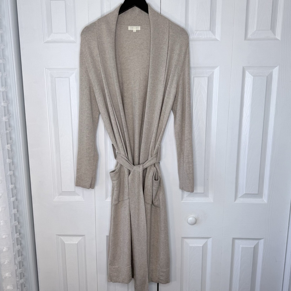 Meadow Cashmere Blend Long Duster Cardigan Sweater Taupe Beige Knit Belted M/L